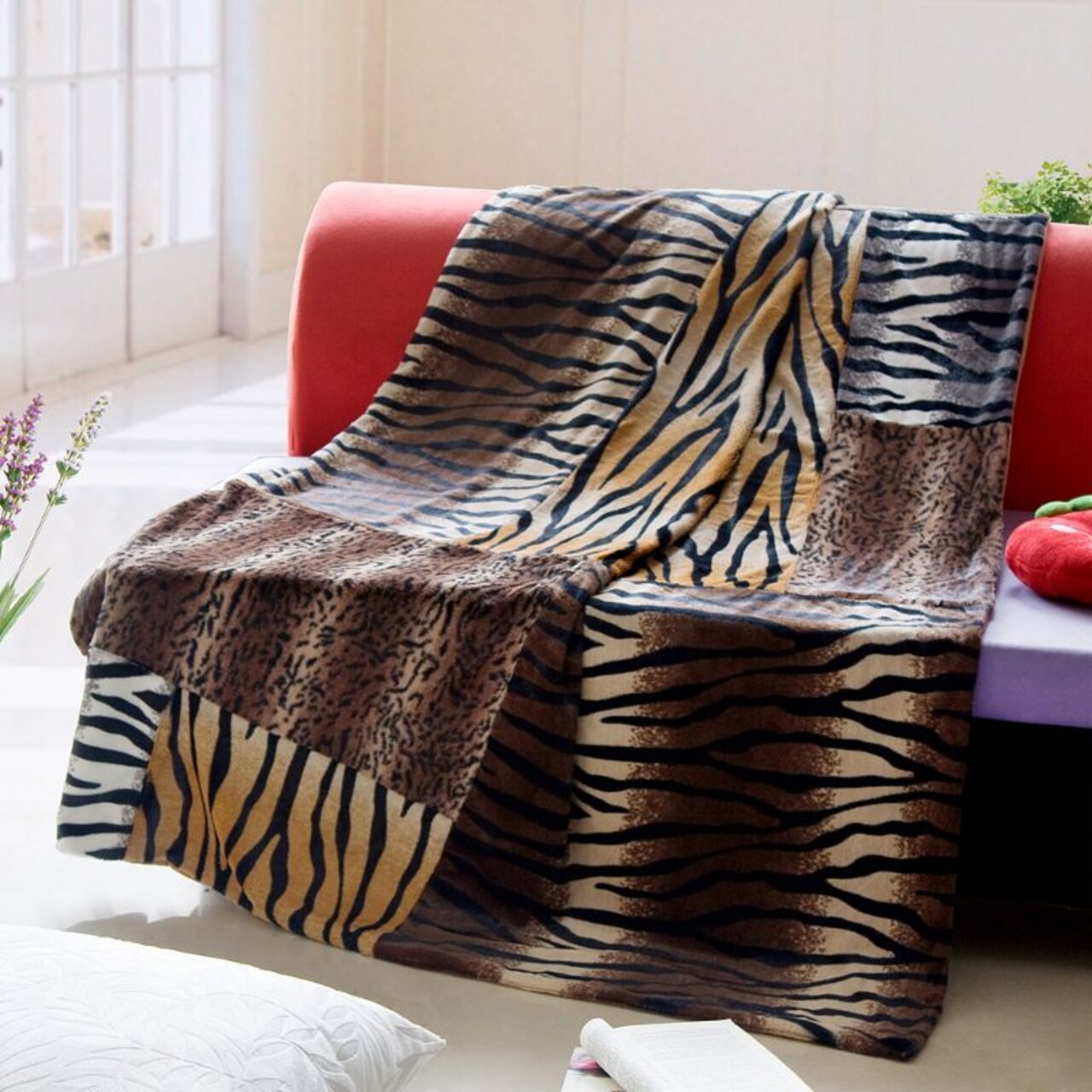 Patchwork Print Throw Blanket, Faux Fur & Plush Back, 50"x70" Cozy